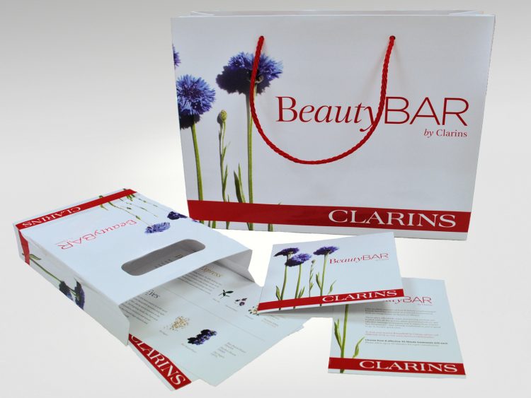 Promotional literature and bags printed and produced for Clarins Beauty Bar