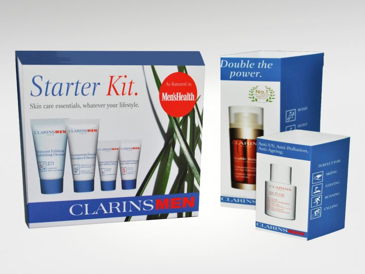 Gift boxes, product sleeves and other packaging produced for the ClarinsMen range