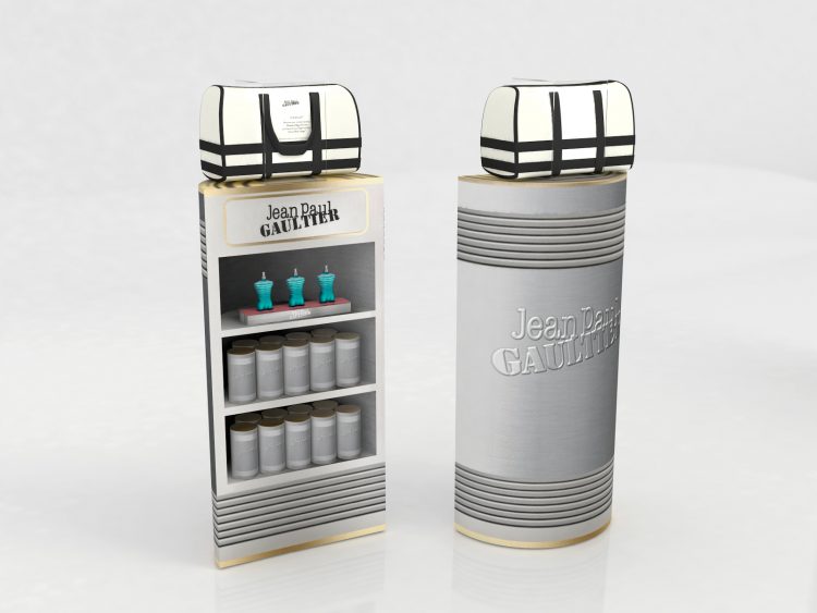 Custom floor stocker and display unit designed and produced for Jean Paul Gaultier Le Male