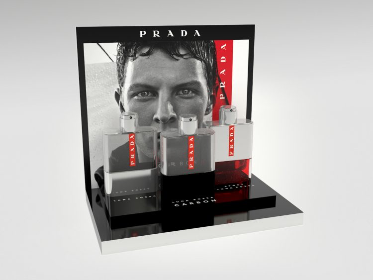 Sleek acrylic counter tester units for Prada