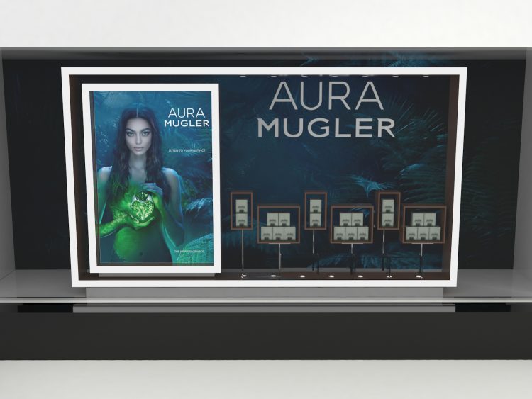 Retail window display for Thierry Mugler's Aura fragrance