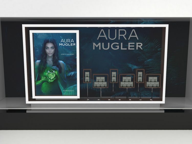 Promotional window display designed and constructed for Aura by Mugler, and installed in John Lewis