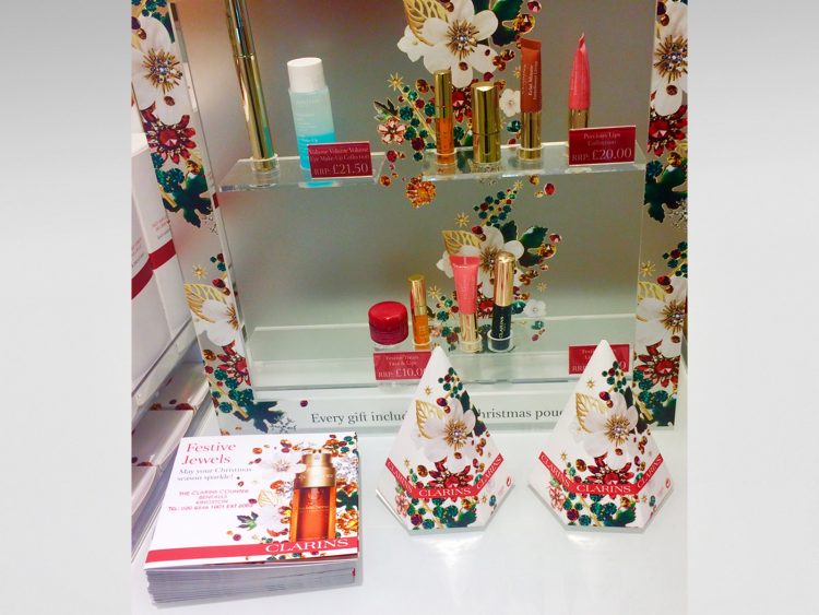 Mini-Xmas tree gift boxes and Xmas Wish List brochure printed and produced for Clarins Christmas