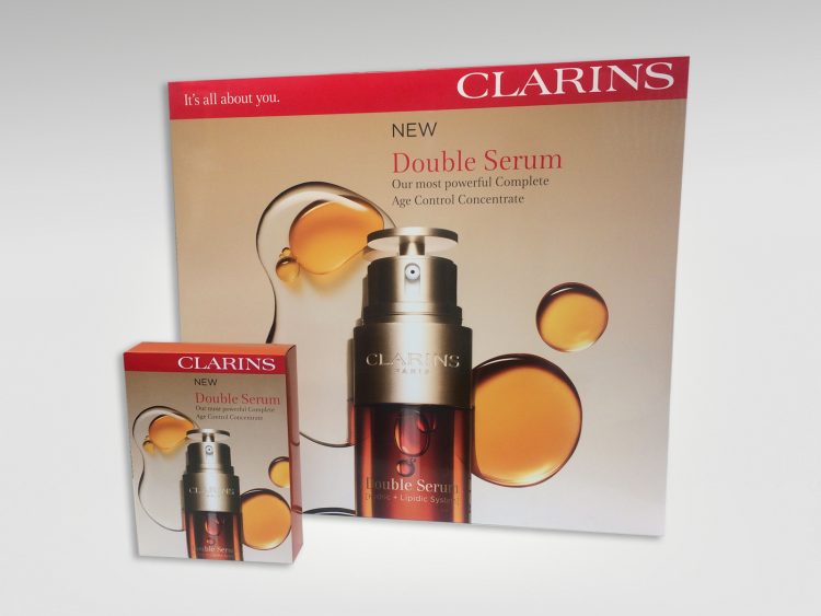 Large & small window display units produced for Clarins Double Serum