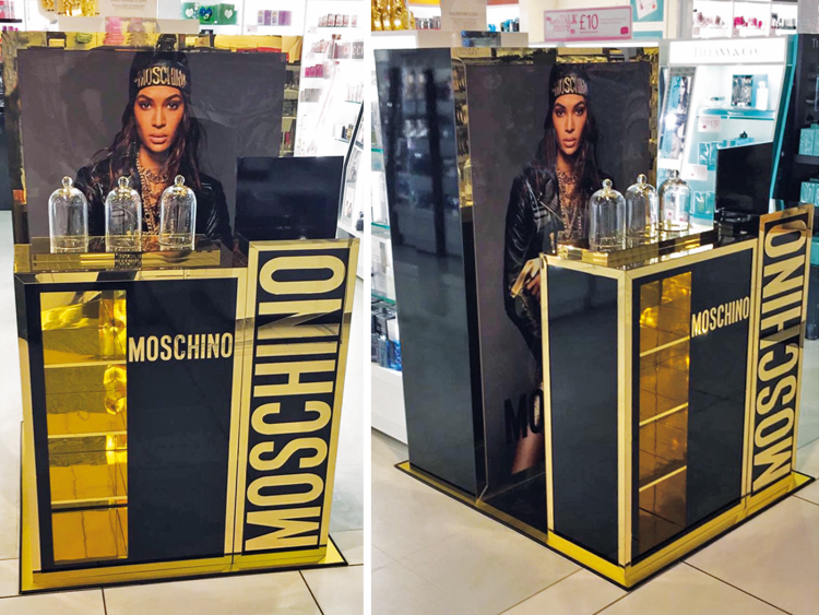 Luxe gold-trimmed promotional site and fragrance display units produced by Colouration for Moschino's Gold Fresh Couture fragrance