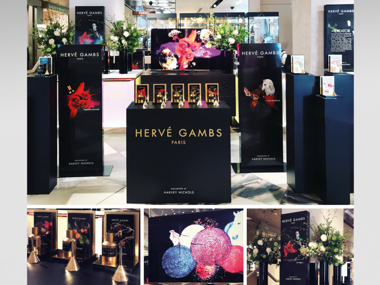 Pop-up display for Herve Gambs at Harvey Nichols, comprising of bespoke counter top displays, freestanding units and lightbox prints, all produced and installed by Colouration